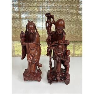 Vintage Chinese Hand-Carved Wood Fu & Shou Statues – 11” & 12” – Fu Lu Shou